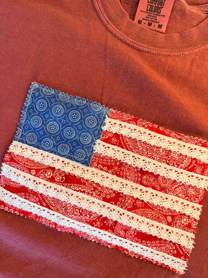 Handmade Patchwork Flag Tee Paisley | Red (Medium)