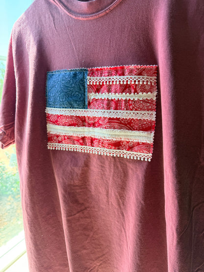 Handmade Patchwork Flag Tee Paisley 2 | Red (Medium)