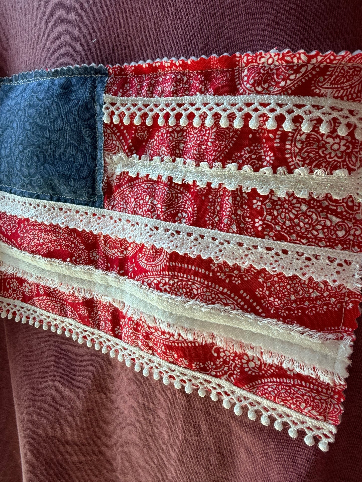 Handmade Patchwork Flag Tee Paisley 2 | Red (Medium)