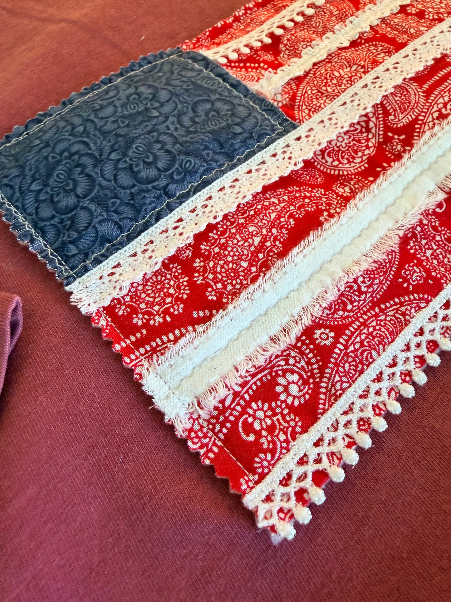 Handmade Patchwork Flag Tee Paisley 2 | Red (Medium)