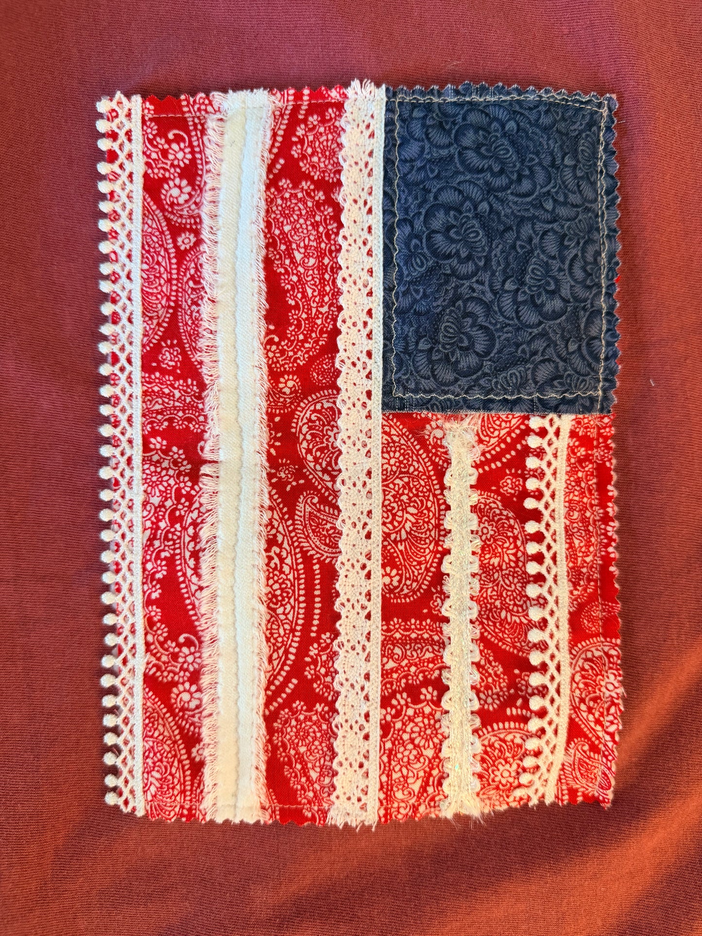 Handmade Patchwork Flag Tee Paisley 2 | Red (Medium)
