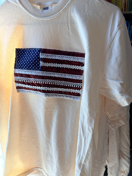 Handmade Patchwork Flag Tee Barbed Wire | White (Medium)