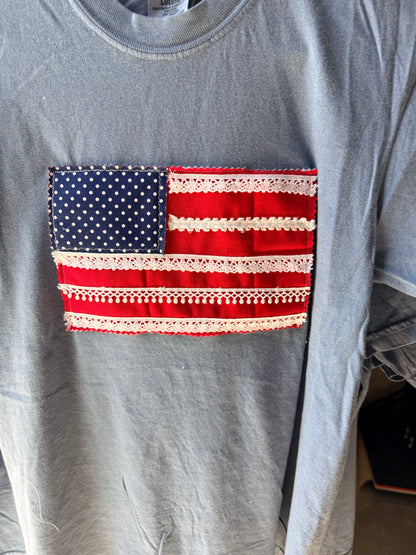Handmade Patchwork Flag Tee Solid | Blue (Small)