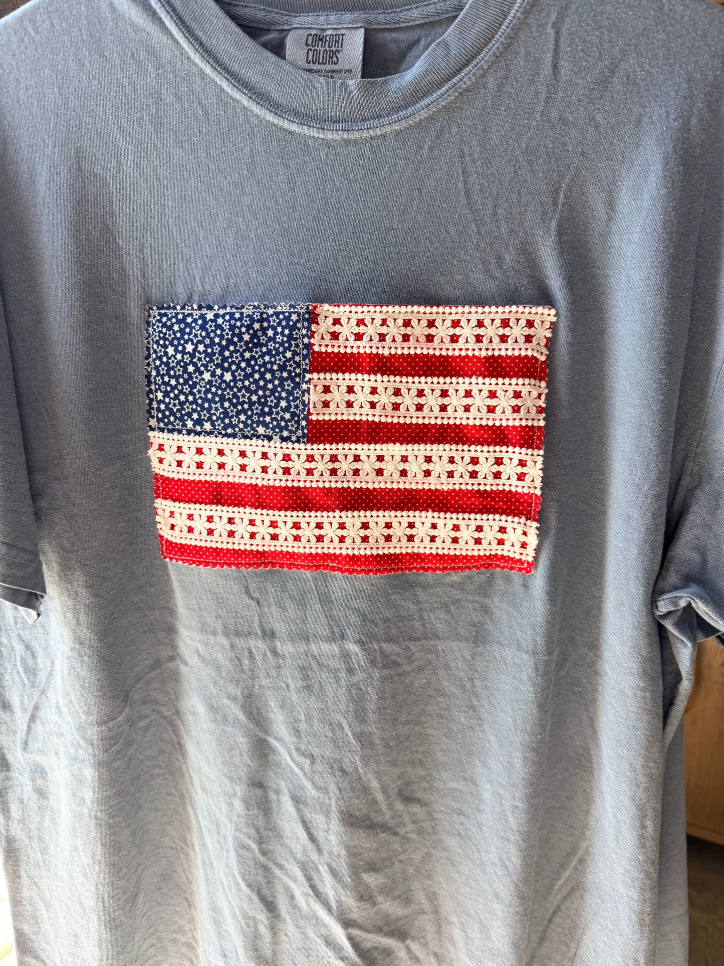 Handmade Patchwork Flag Tee | Polka Dots | Blue (Large)