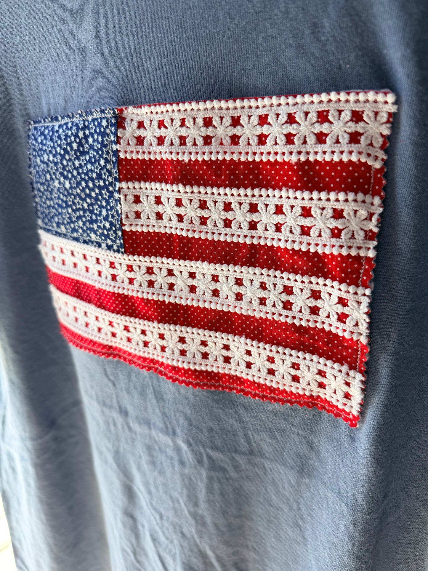 Handmade Patchwork Flag Tee | Polka Dots | Blue (Large)