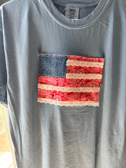 Handmade Patchwork Flag Tee Paisley | Blue (Large)