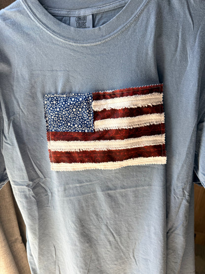 Handmade Patchwork Flag Tee Barbed Wire | Blue (Large)