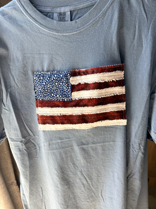 Handmade Patchwork Flag Tee Barbed Wire | Blue (Large)