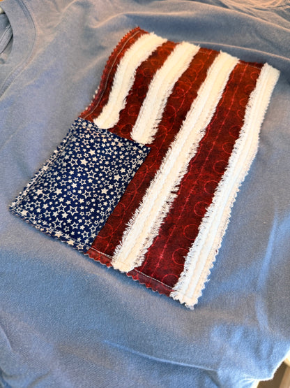 Handmade Patchwork Flag Tee Barbed Wire | Blue (Large)