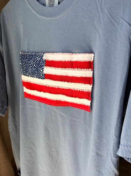 Handmade Patchwork Flag Tee Solid | Blue (XLarge)
