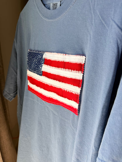 Handmade Patchwork Flag Tee Solid | Blue (XLarge)